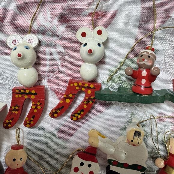 Vtg Wooden Mini Christmas Ornaments Lot 12pcs German Taiwan Clock Mouse Chimney - Picture 9 of 11